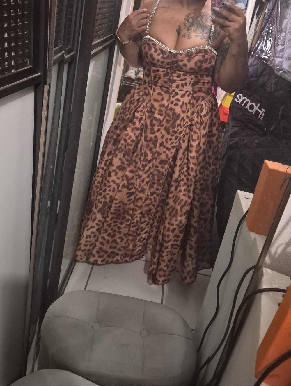 Leopard Print Rhinestone Strap Midi Dress - Brown